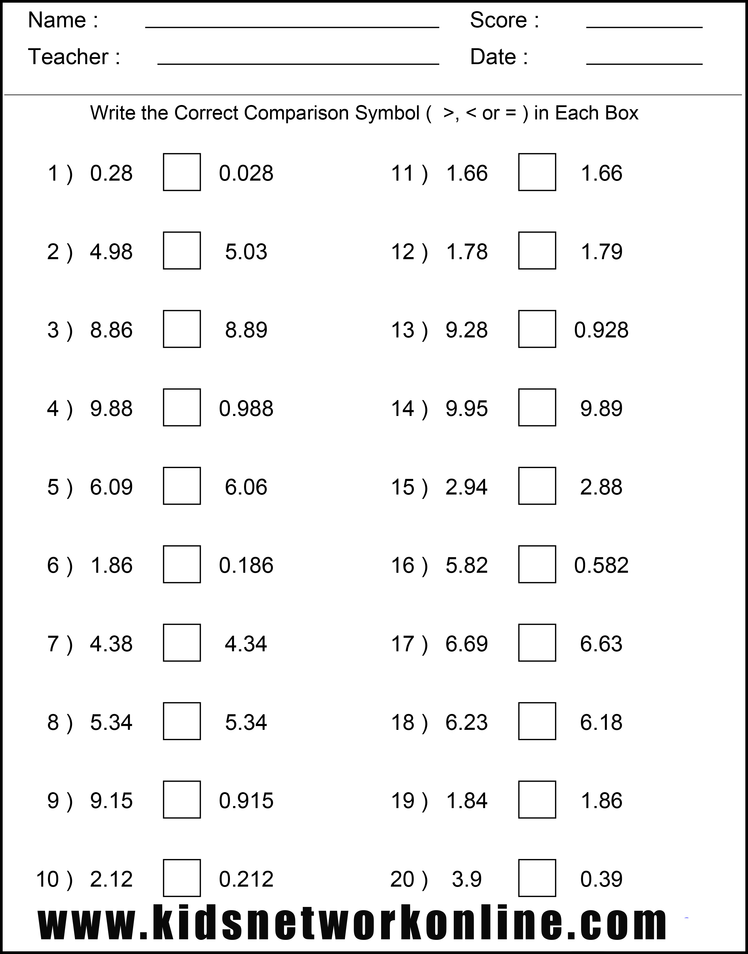 Decimal comparision worksheets