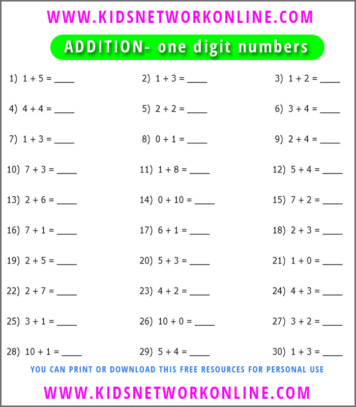 One digit addition worksheet for kids-4