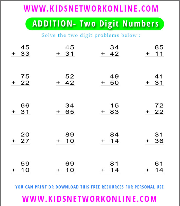 Two digit addition worksheets for kids