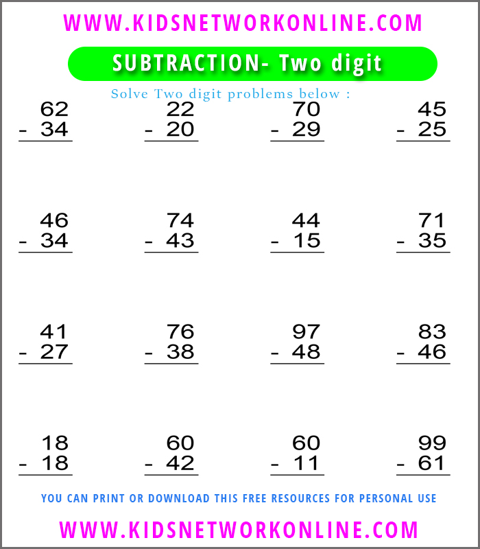 Subtraction-Two digit worksheets