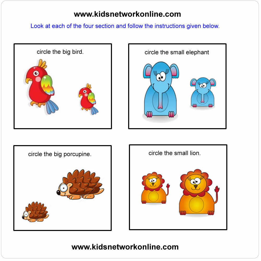 Sizes, big and small activity worksheet for preschool children